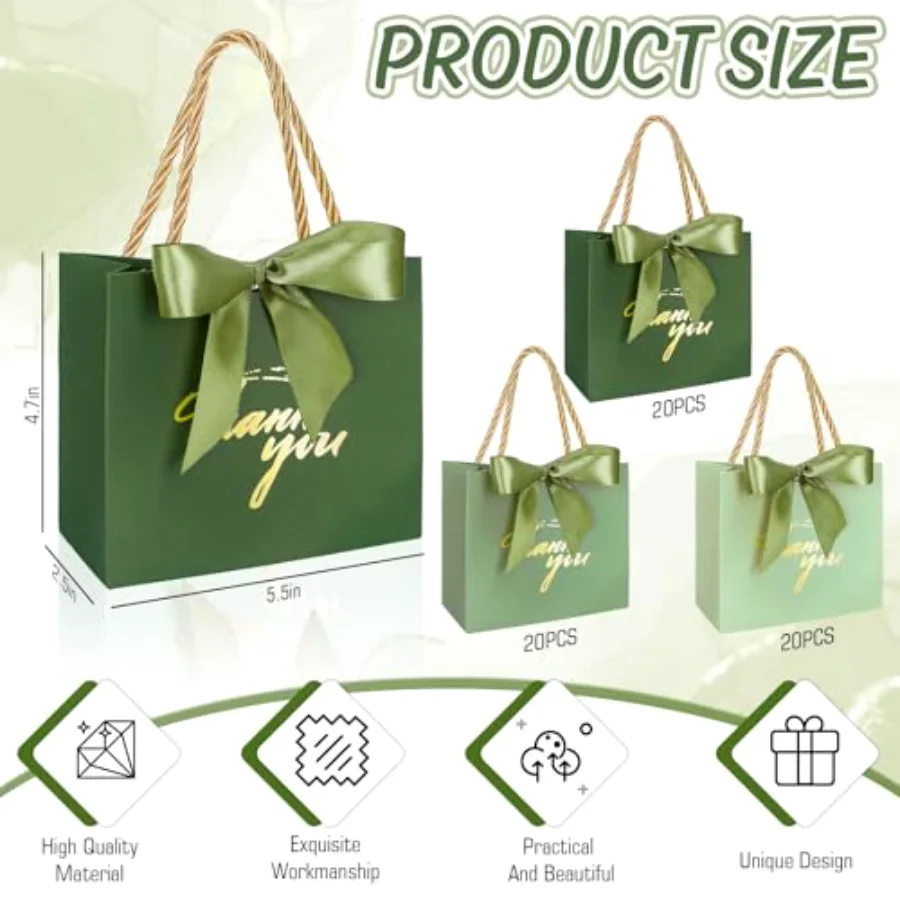 60Pcs Thank You Paper Gift Bags with Bow Gradient Sage Green Party Favor, view 2