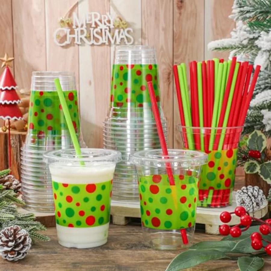 50 Pack Green Christmas Plastic Cups with Lids Straws Red Green Polka Dot, view 4