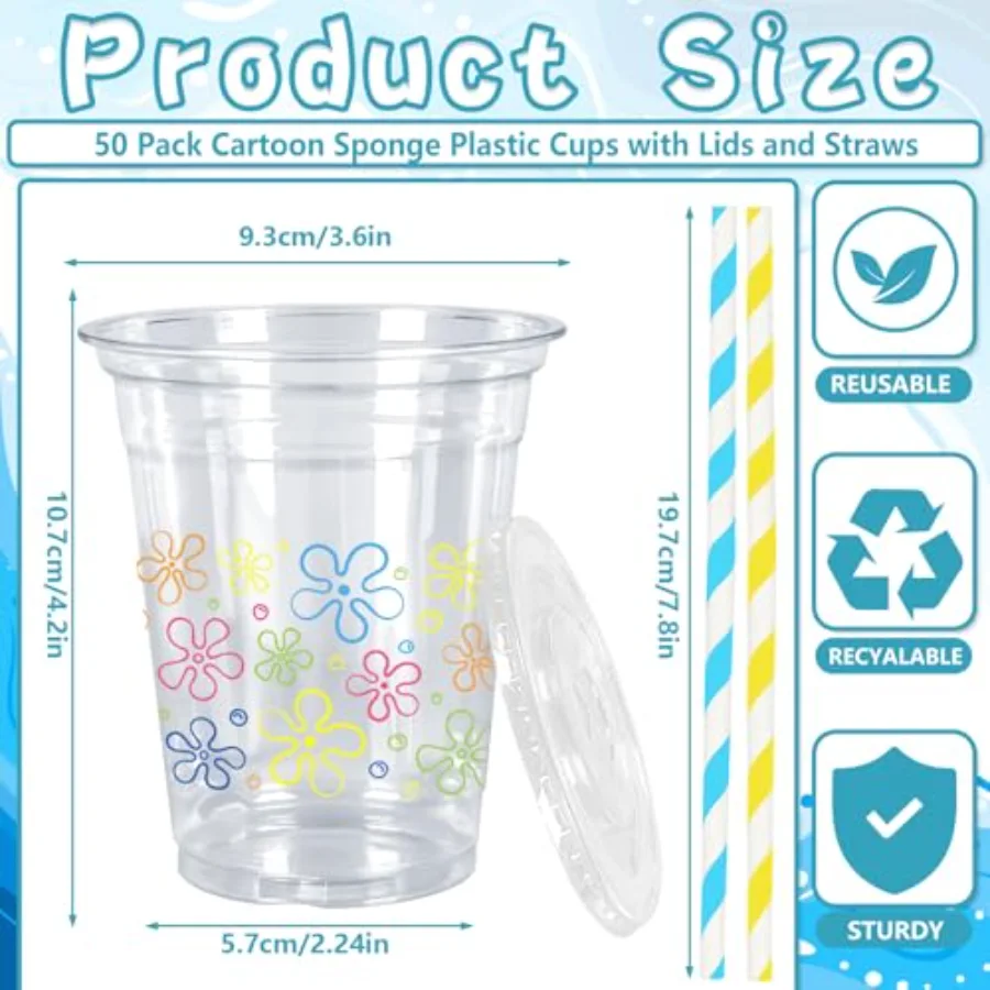 50Pcs Cartoon Sponge Plastic Cups with Lids Straws Colorful Bikini Flower, view 2