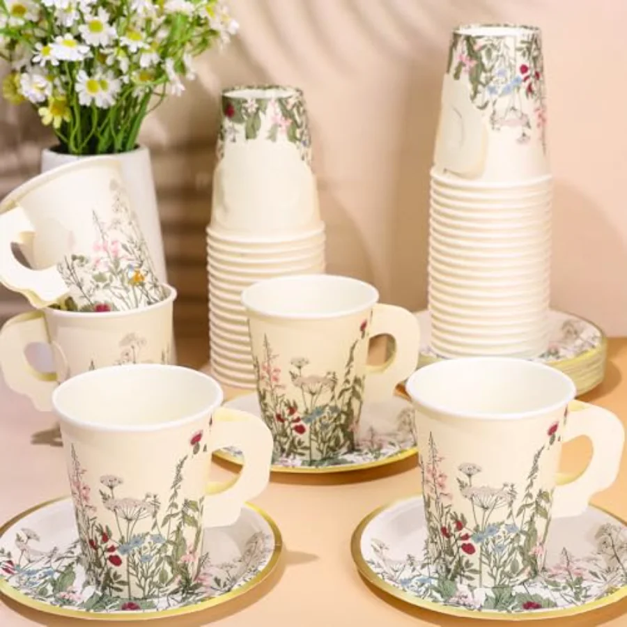 80 Pcs Floral Paper Tea Cups and Saucers 9 oz Vintage Wildflower, view 4