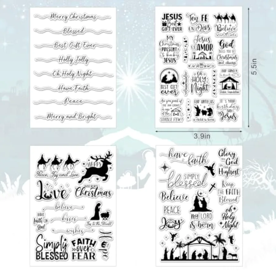 4 Sheets Christmas Clear Stamps Greeting Words Nativity Scene Silicone, view 2