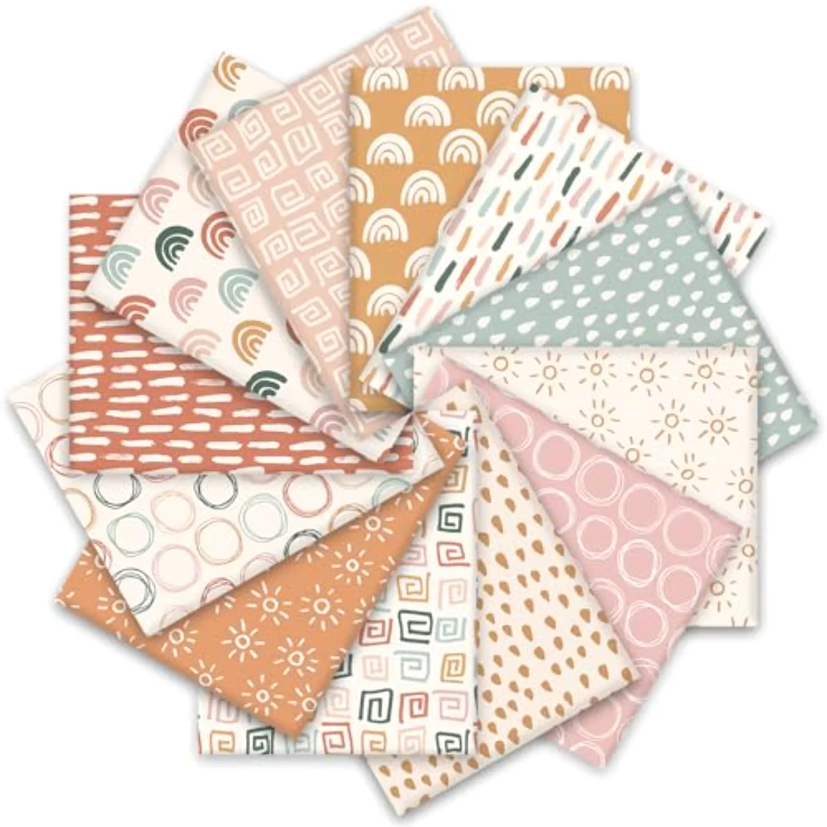 12Pcs Boho Cotton Fabric Bundles Boho Sun Circle Raindrops Fat Quarters