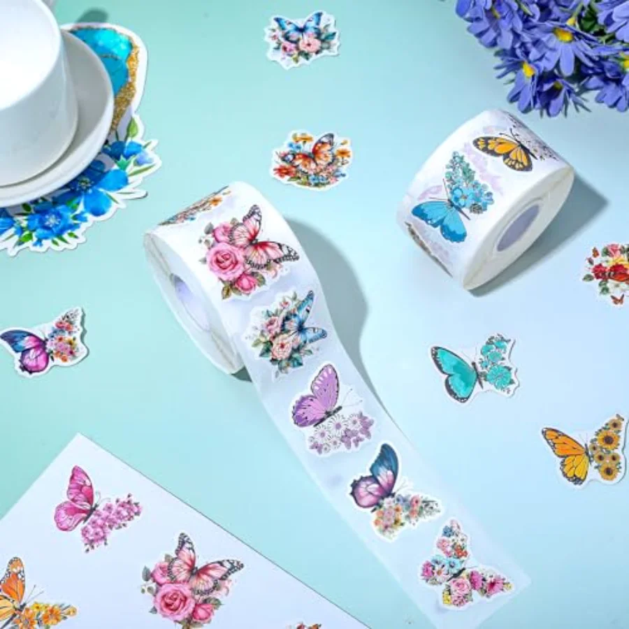 1000Pcs Butterfly Flower Stickers Roll Spring Floral Colorful Paper Decals, view 3