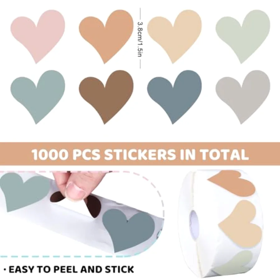 1000Pcs Boho Heart Stickers Back to School Self Adhesive Stickers Roll 1.5, view 2