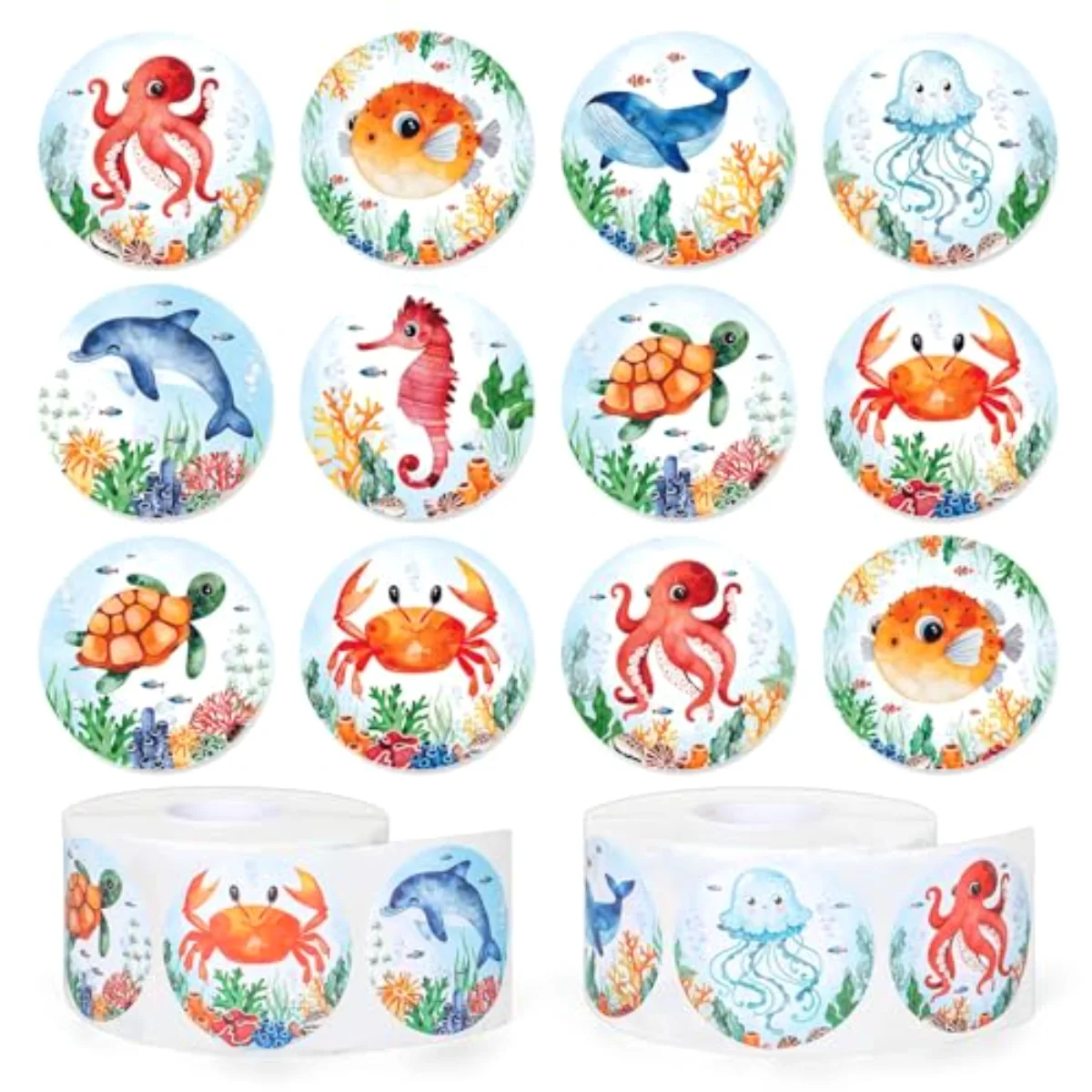 1000Pcs Summer Ocean Animals Stickers Roll Watercolor Marine Sea Life