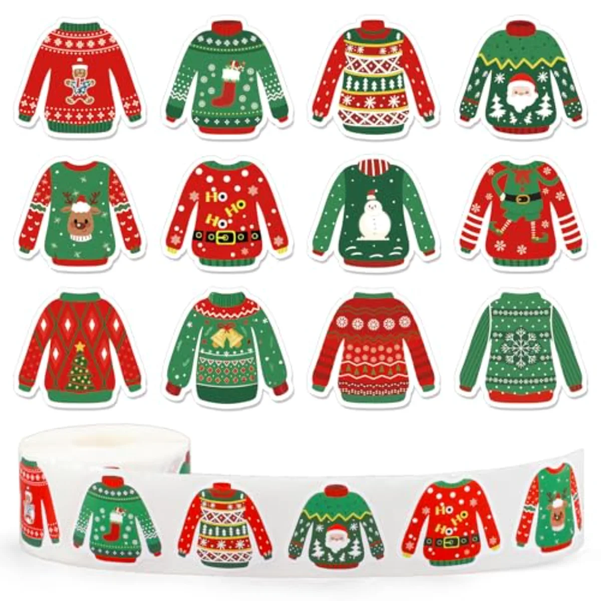 1000 Pcs Christmas Stickers Roll Red Green Ugly Sweater Self-Adhesive