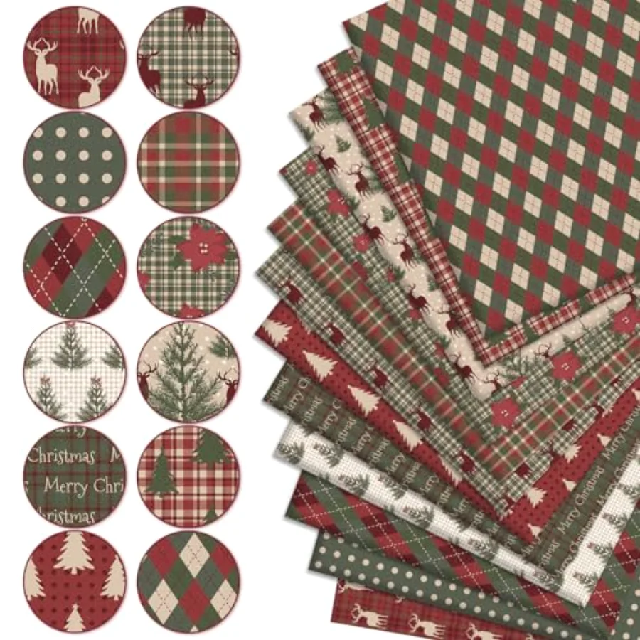 12Pcs Christmas Fabric Squares Woodland Poinsettia Reindeer Tree Cotton, view 3