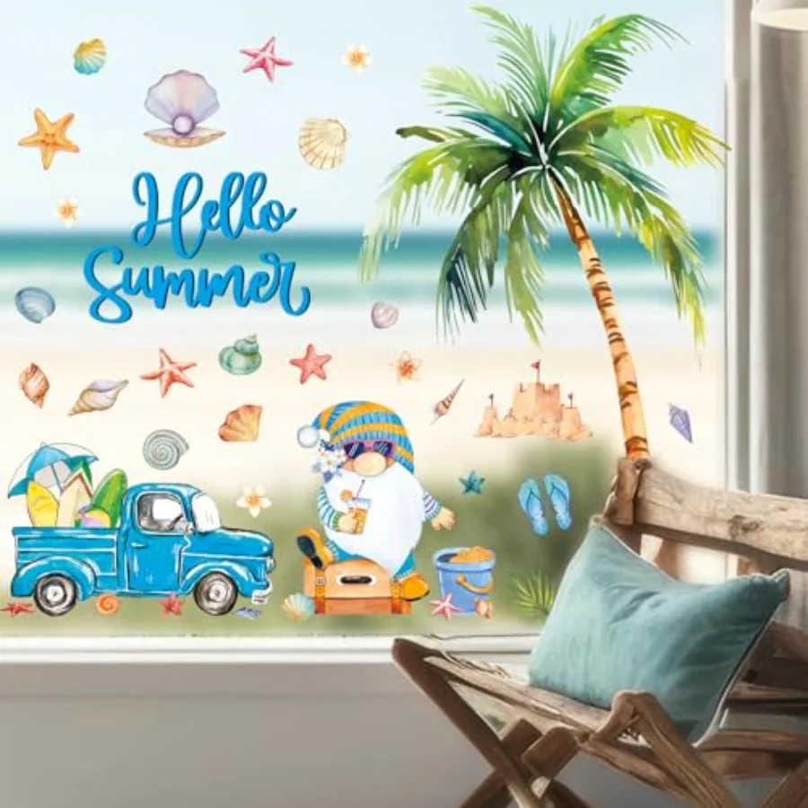 6 Sheet Hello Summer Window Clings Large Palm Tree Sun Beach Gnome Window, view 2