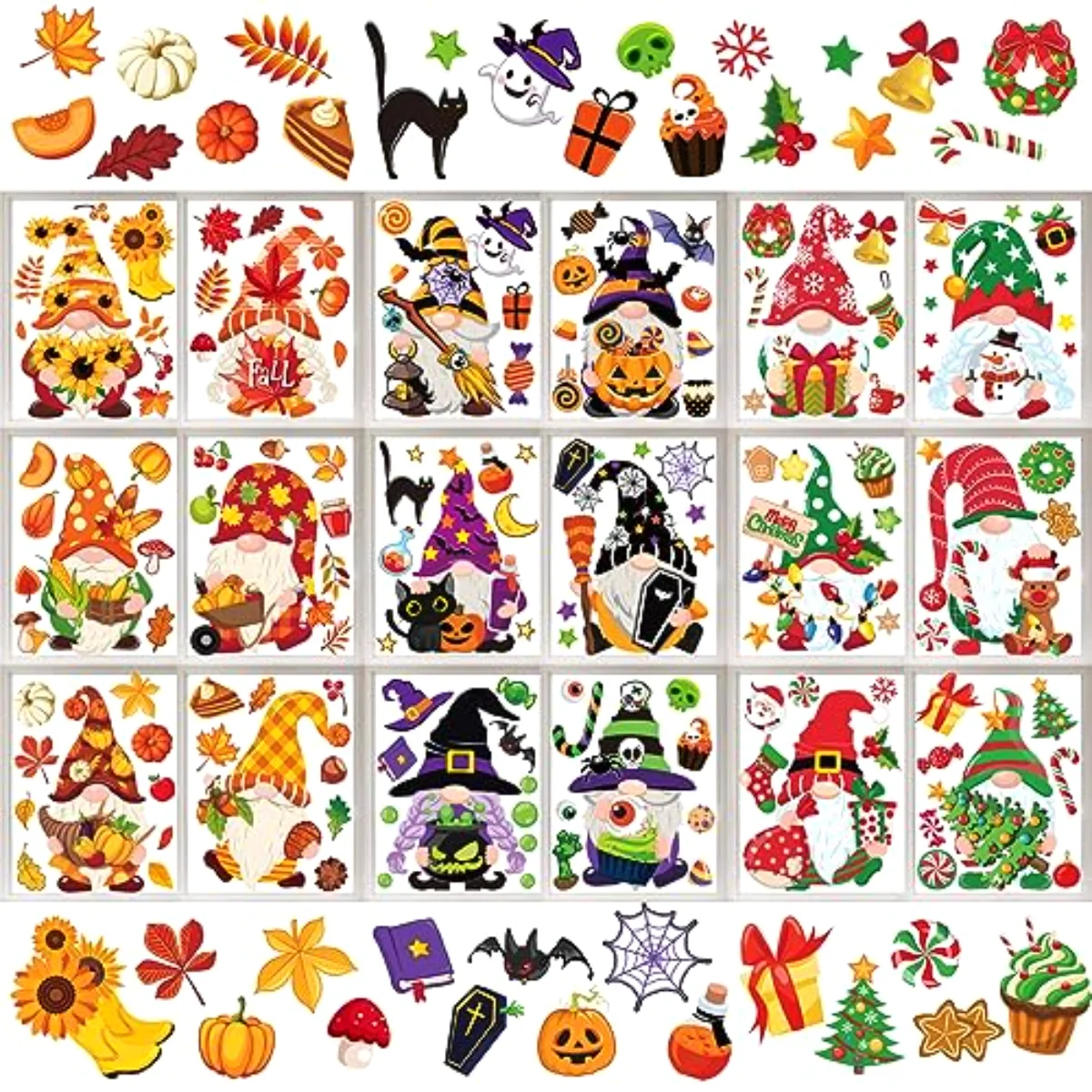204 Pcs Fall Christmas Halloween Gnome Window Clings Colorful Cute Gnomes