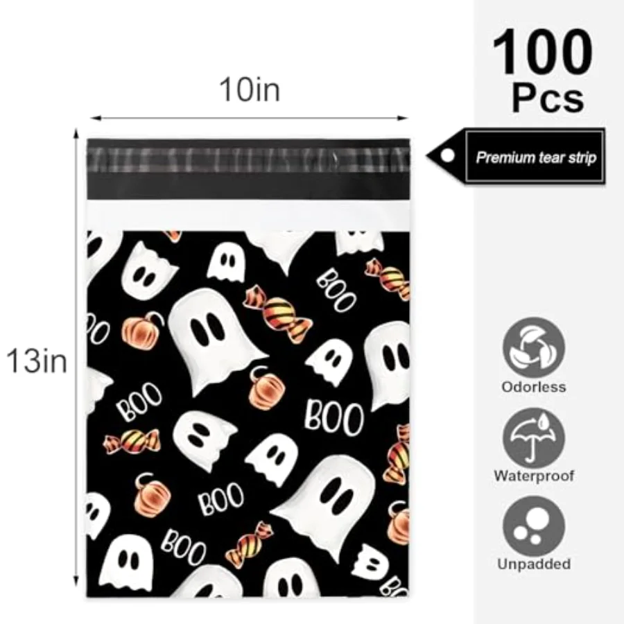 100 Pcs Halloween Poly Mailer 10 x 13 Inch Black Ghost Pumpkin Candy, view 2