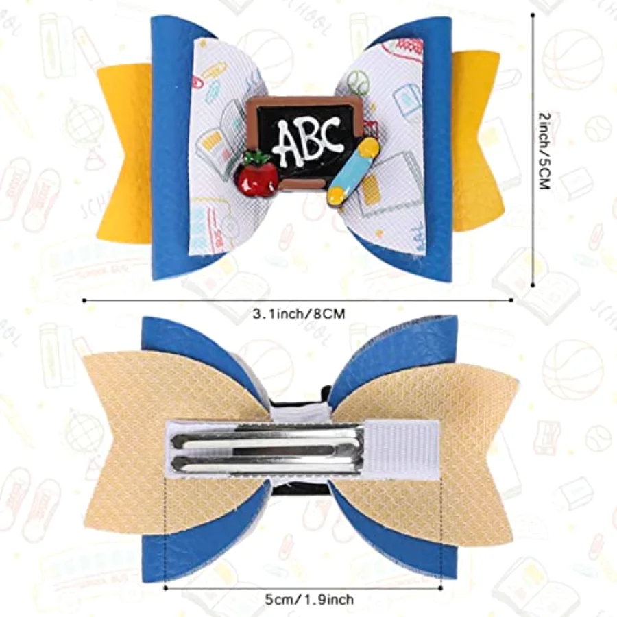 6Pcs Back to School Bow Hair Clips Apples Book Blackboard Hair Bow, view 2
