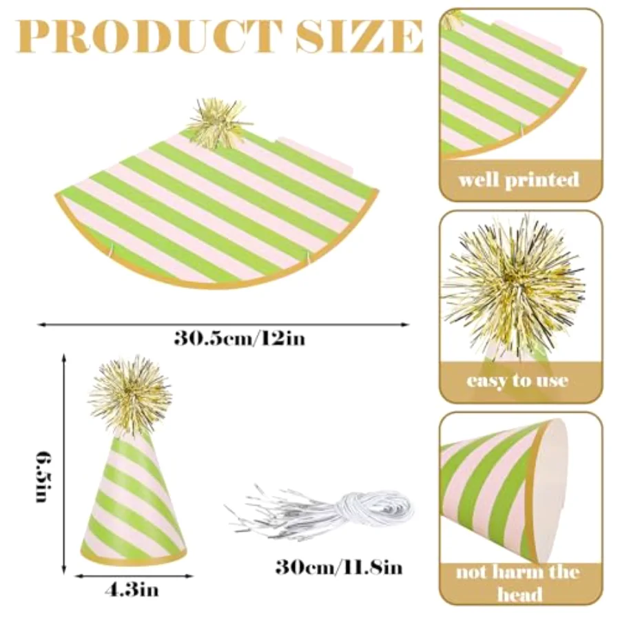 24 Pcs Stripe Birthday Party Hats with Gold Pom Poms Paper Cone Hat, view 2