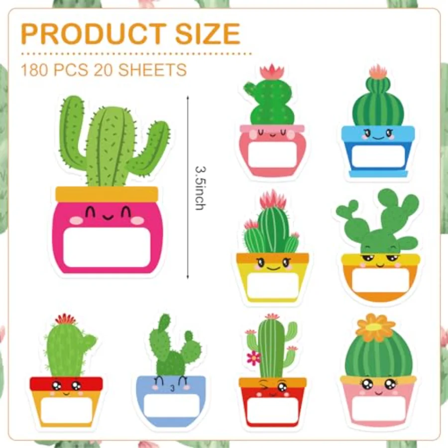 180Pcs Cactus Name Tag Stickers Cute Summer Cactus Nameplate Decals Blank, view 2