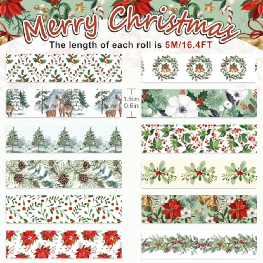12 Rolls Christmas Floral Washi Tape Xmas Watercolor Berry Holly Leaves, view 2