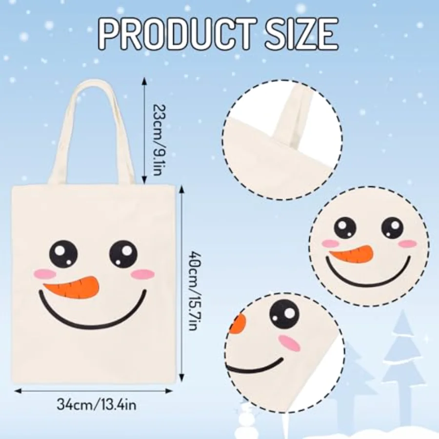 Christmas Canvas Tote Bags Cute Snowman Face Grocery Shopping Bag Xmas, view 4
