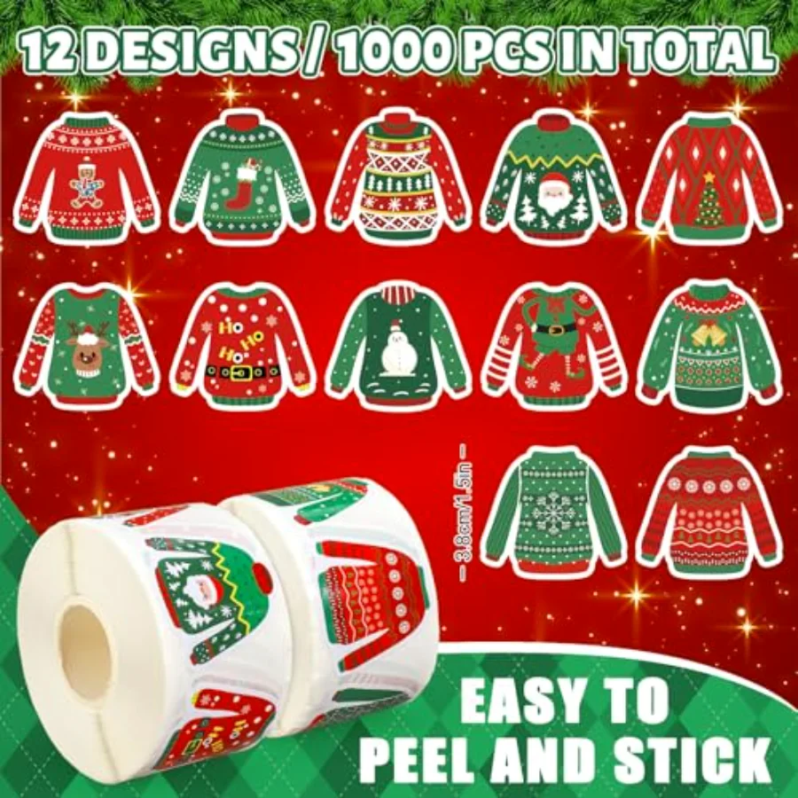 1000 Pcs Christmas Stickers Roll Red Green Ugly Sweater Self-Adhesive, view 2