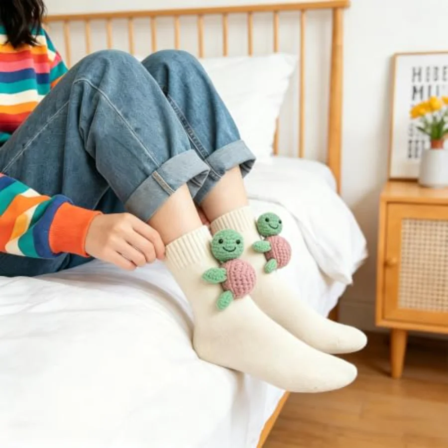 1 Pair Turtle Socks Cotton Socks Beige 3D Knit Animal Sock for Holiday, view 2