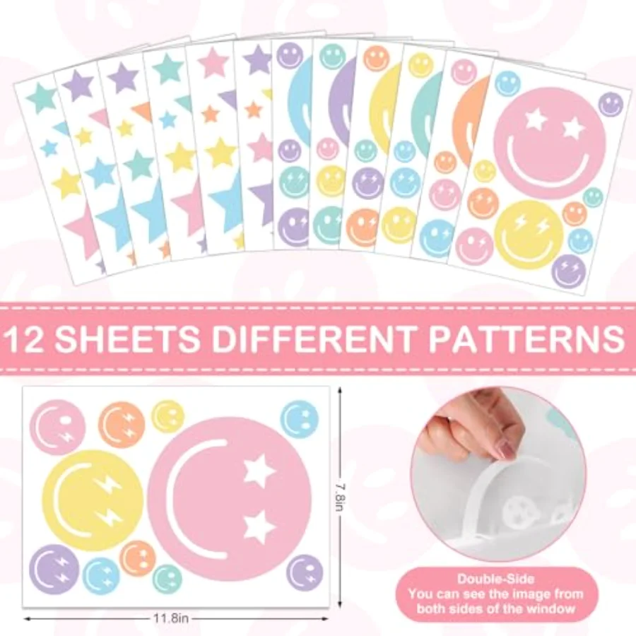 12 Sheets Preppy Wall Stickers Pastel Smile Face Star Wall Decals, view 2