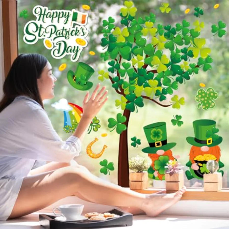 6 Sheets St. Patrick's Day Window Clings Large Clover Tree Gnome Window, view 3