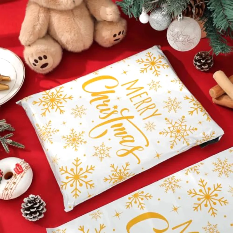 100Pcs Merry Christmas Poly Mailer 10 x 13 Inch Gold Snowflake Mailing, view 4