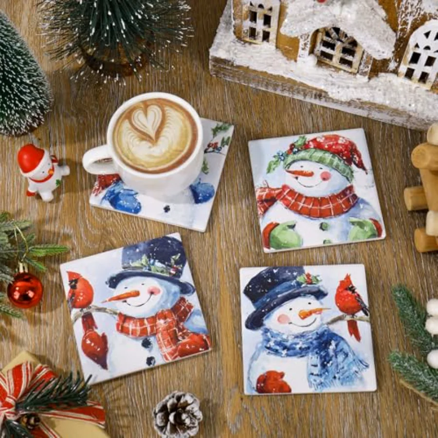 Vintage Christmas Coasters Drink Coasters Retro Winter Snowman Square, view 4