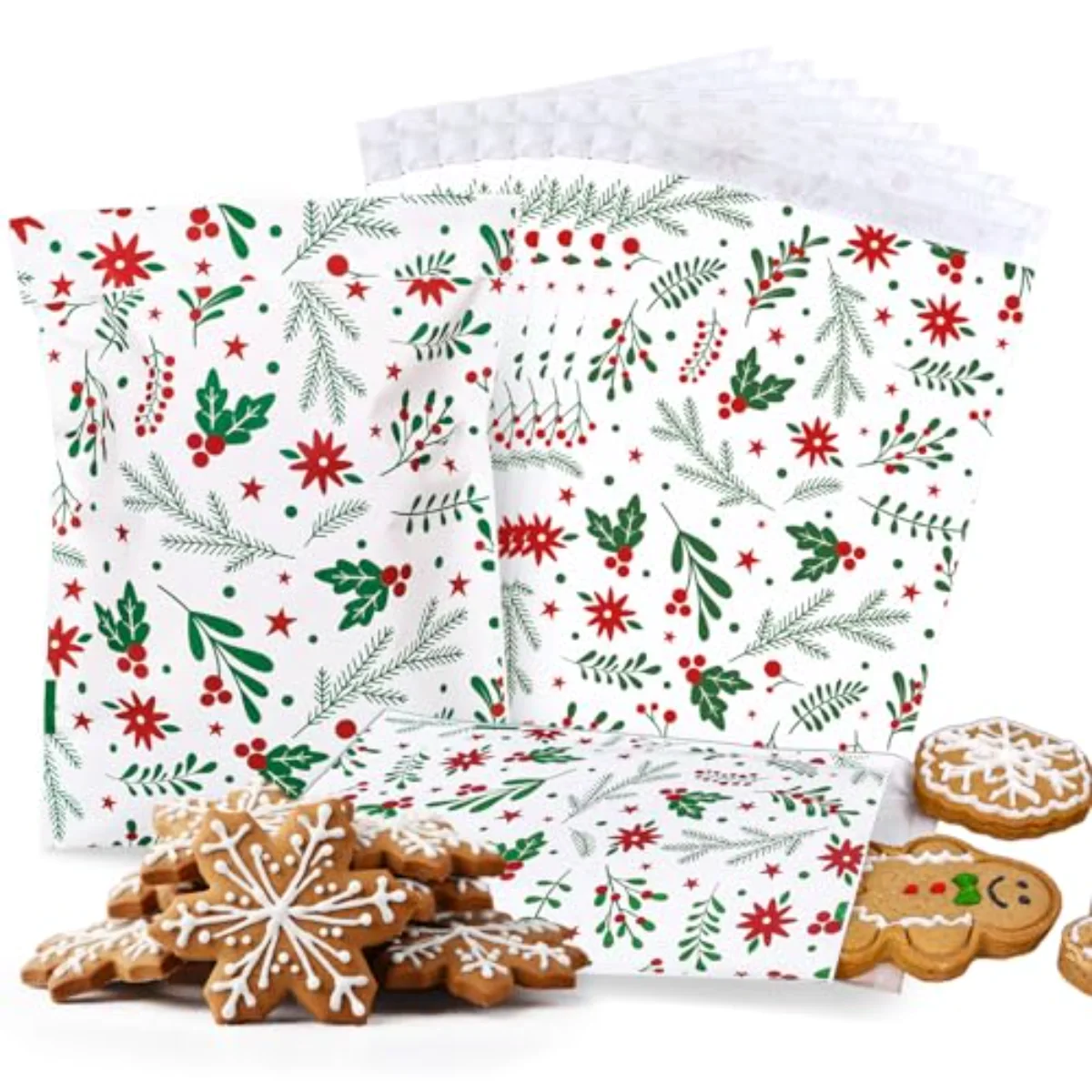 100Pcs Christmas Treat Bags Self-Adhesive Xmas Botanical Print Goodie