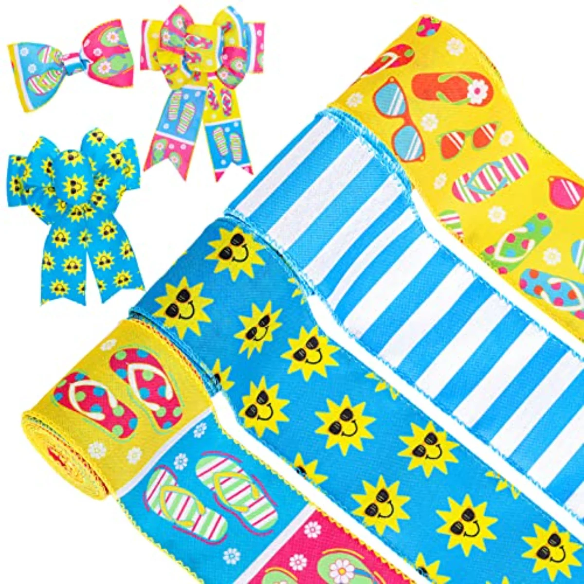 4 Rolls Summer Wired Ribbons 24 Yards Flip Flop Sunshine Stripe Fabric