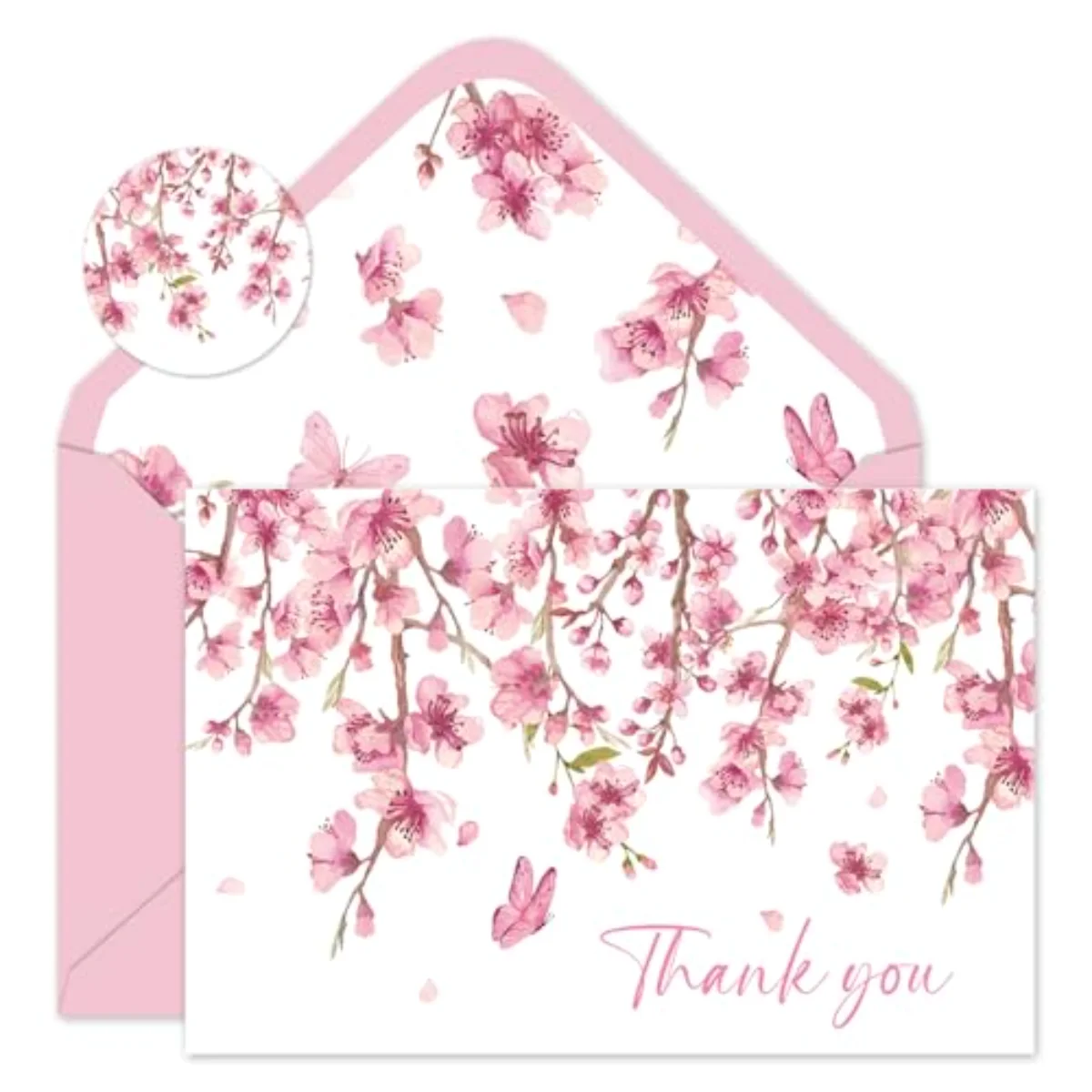 24Pcs Cherry Blossom Thank You Cards with Envelopes Stickers Pink Flower
