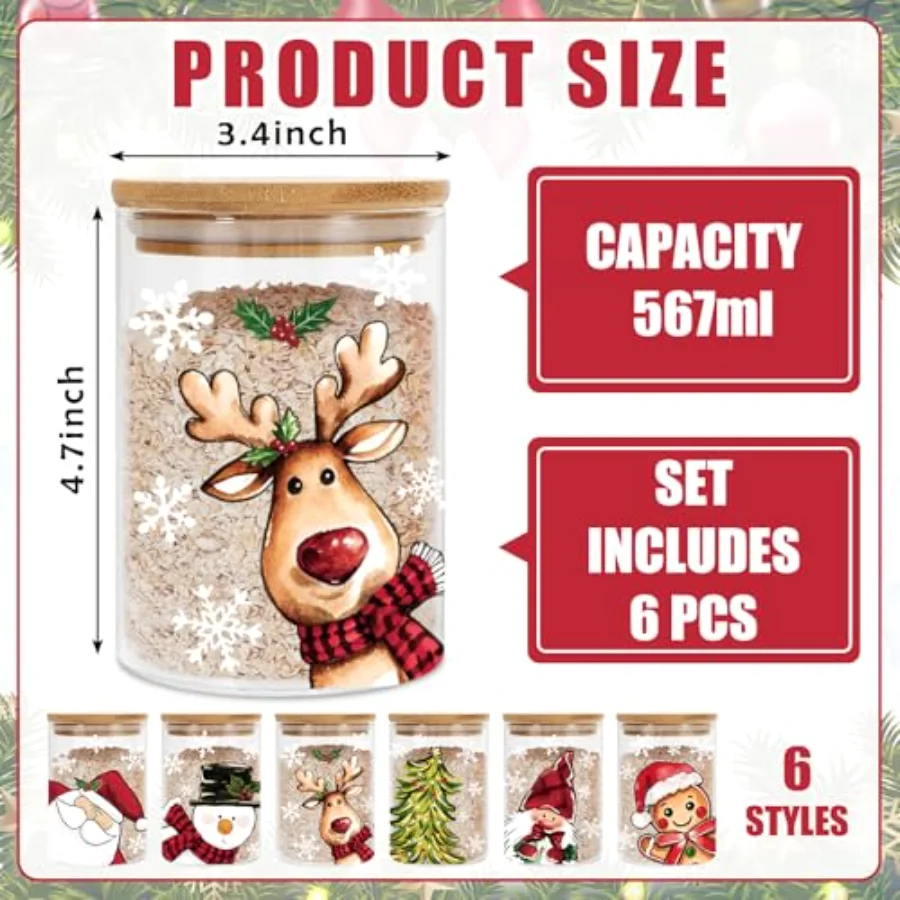6Pcs Christmas Glass Storage Jars with Airtight Lid Santa Snowman Reindeer, view 2