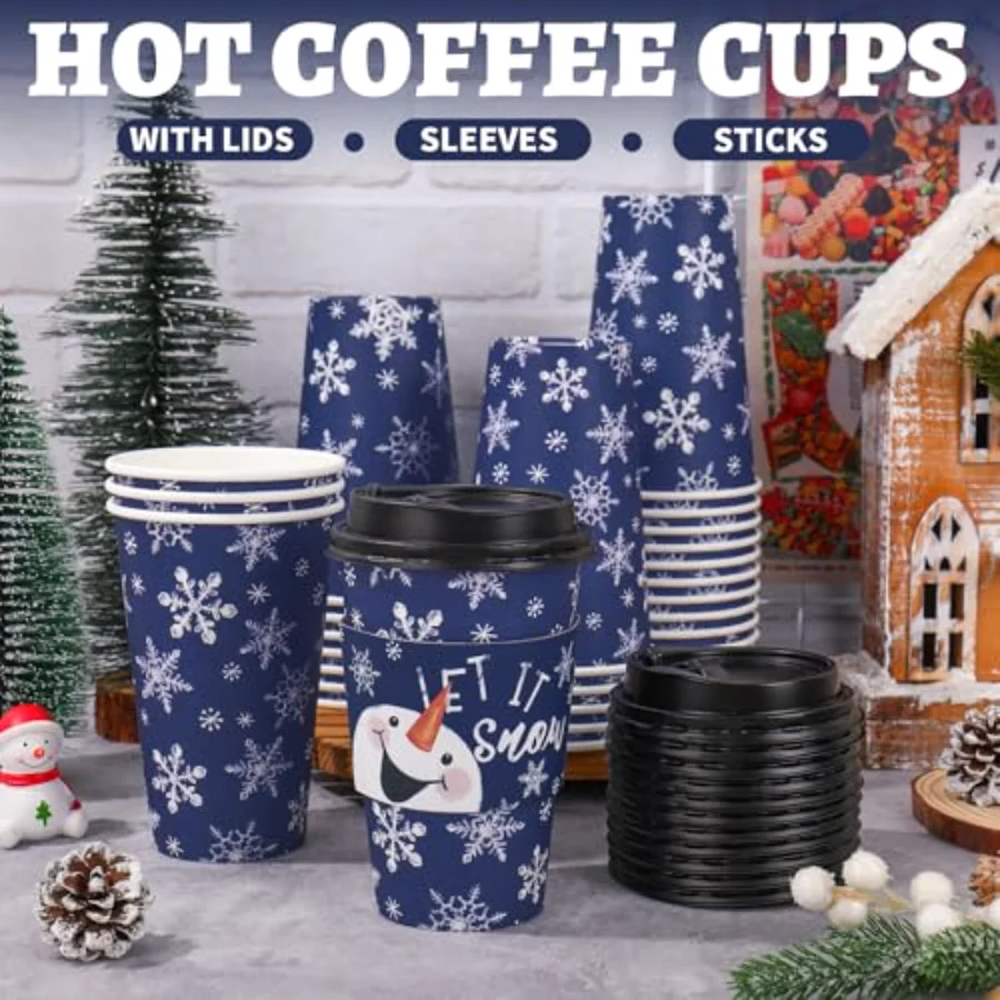 50 Pcs Christmas Coffee Paper Cups Xmas Blue Snowman Snowflake Disposable, view 3