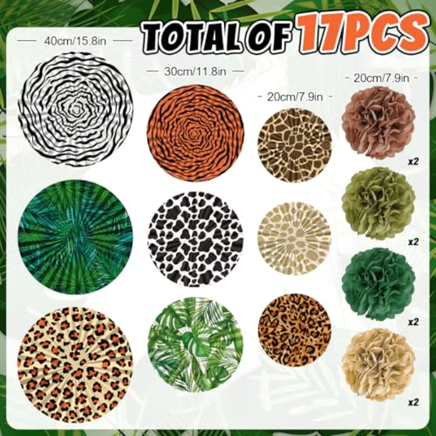 17 Pcs Jungle Safari Animal Print Decoration Set Green Brown Hanging Paper, view 2