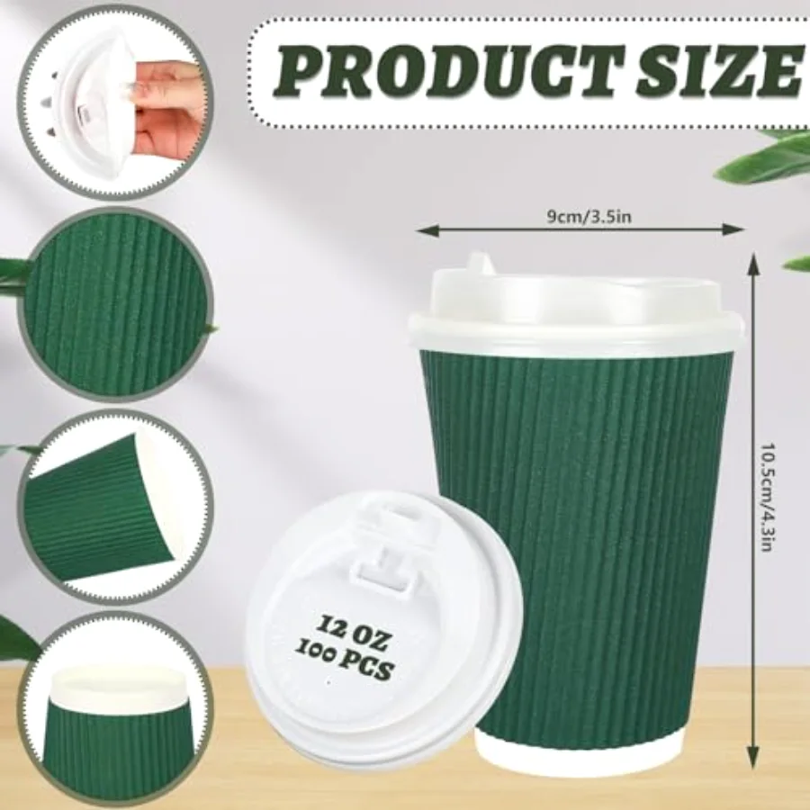 100Pcs Sage Green Disposable Coffee Cups with Lids 12oz Gradient Green, view 2