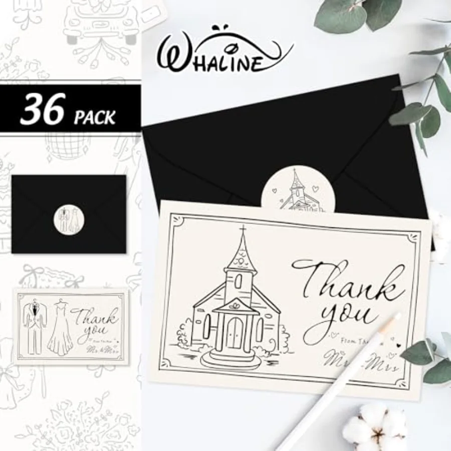 36 Pack Wedding Thank You Cards Black The New Mr & Mrs Cupid Cake Modern, view 3