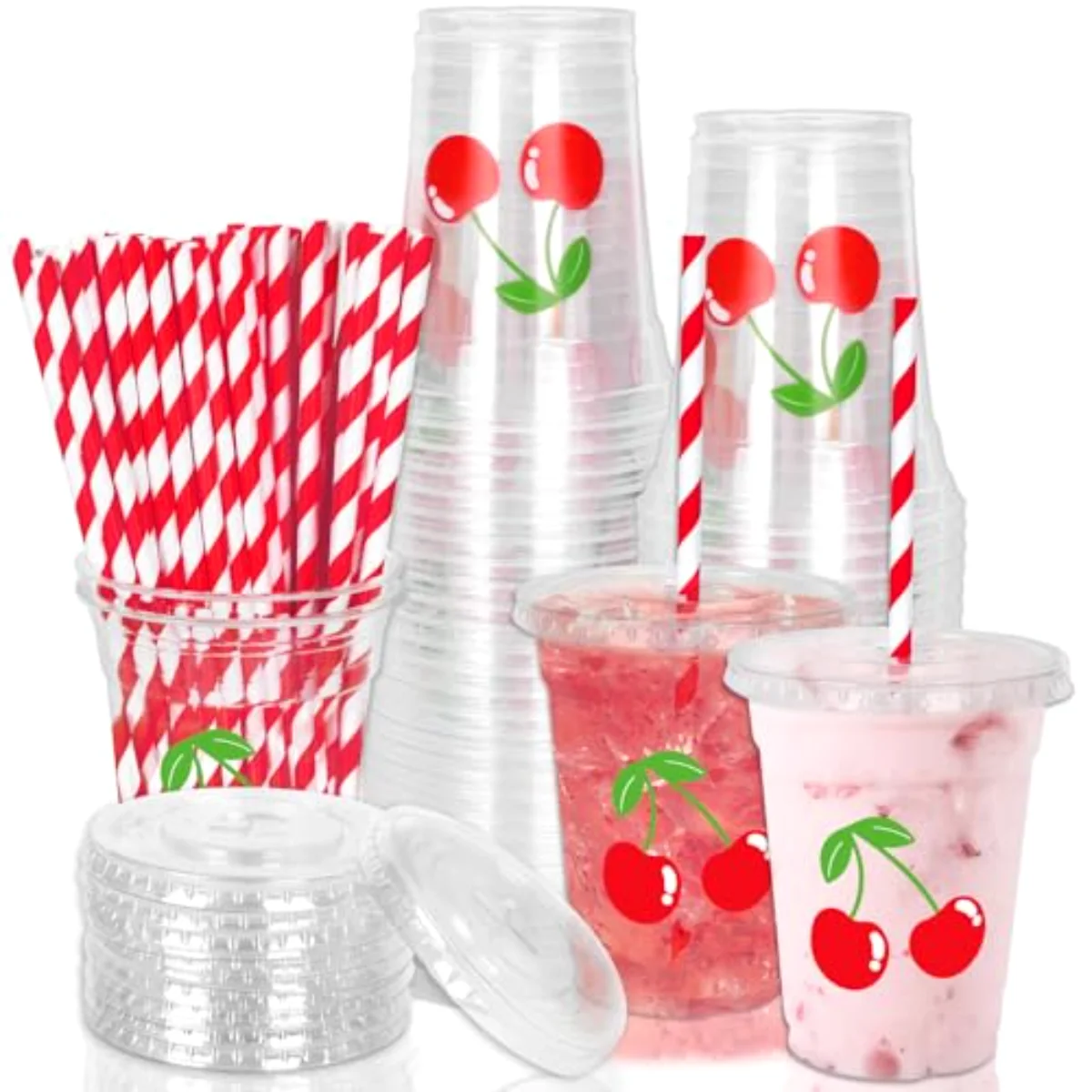 50 Pcs 12 Oz Cherry Disposable Plastic Cups with Lids and Straws Cute Red