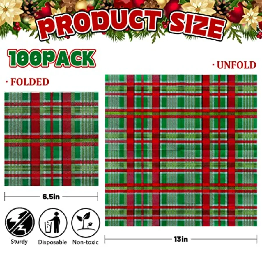 100 Pack Christmas Paper Napkins Buffalo Plaid Pattern Disposable Napkins, view 2