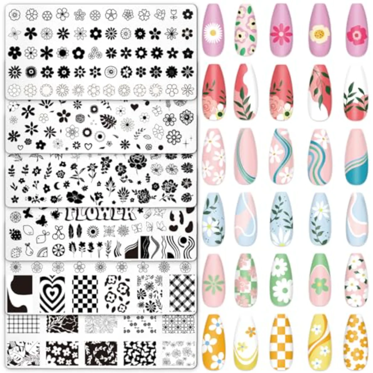 6 Pcs Simple Floral Nail Plates Stamping Set Flower Leaves Stamp Templates