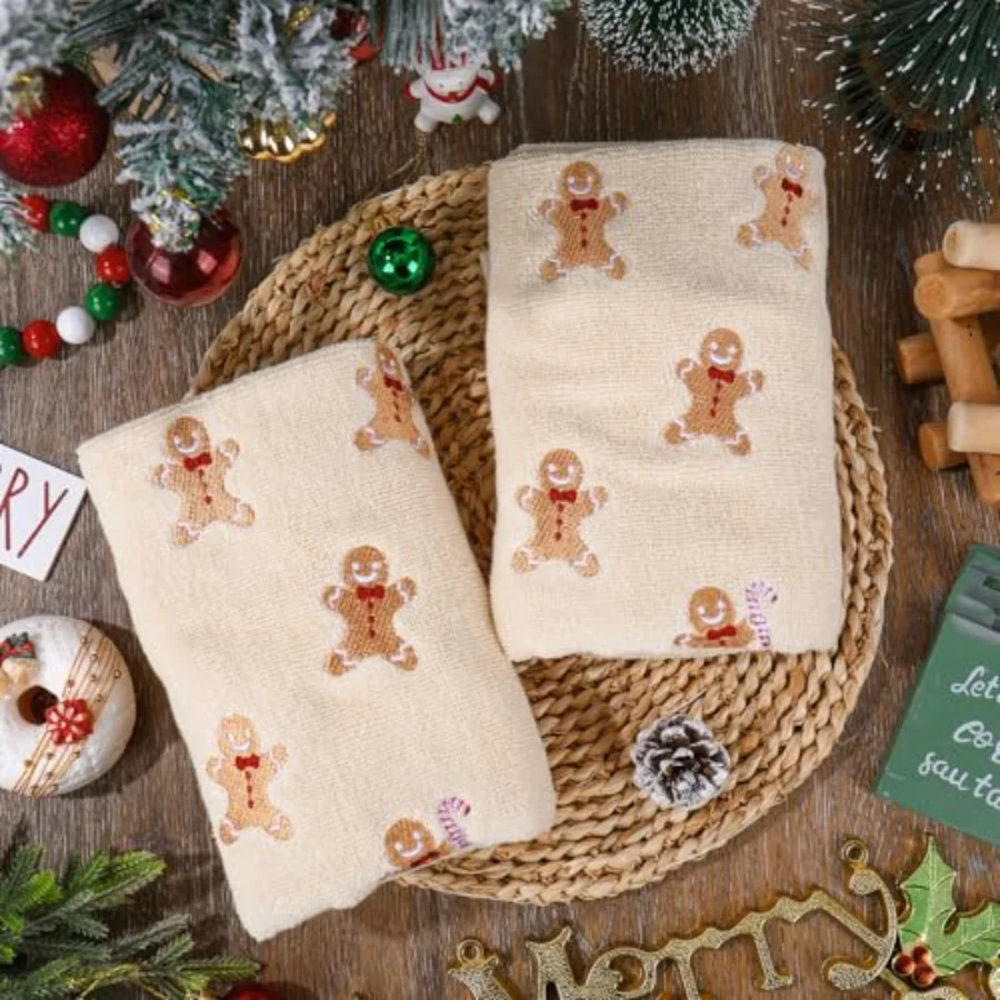 3 Pcs Christmas Hand Towels Xmas Gingerbread Man Bath Towel Embroidered, view 4