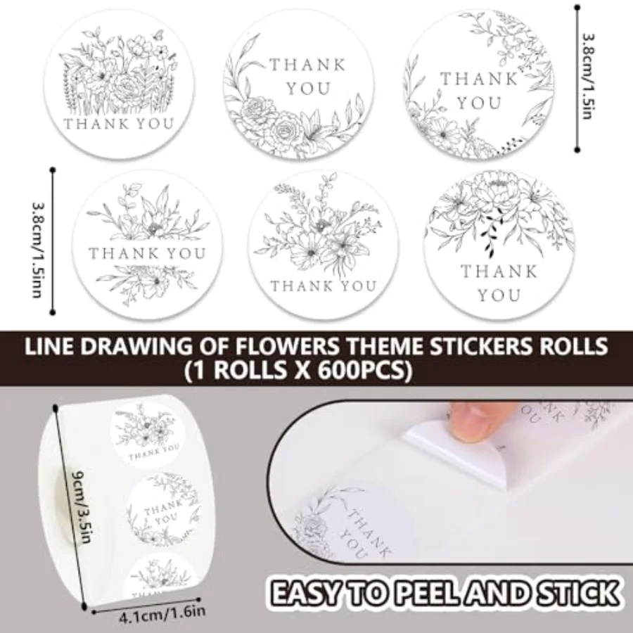 600Pcs Black Floral Thank You Stickers Flower Decal Roll 6 Design Hand, view 2