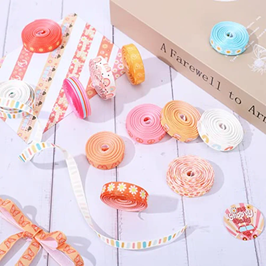 12 Rolls Groovy Retro Hippie Boho Grosgrain Ribbons Rainbow Butterfly, view 4