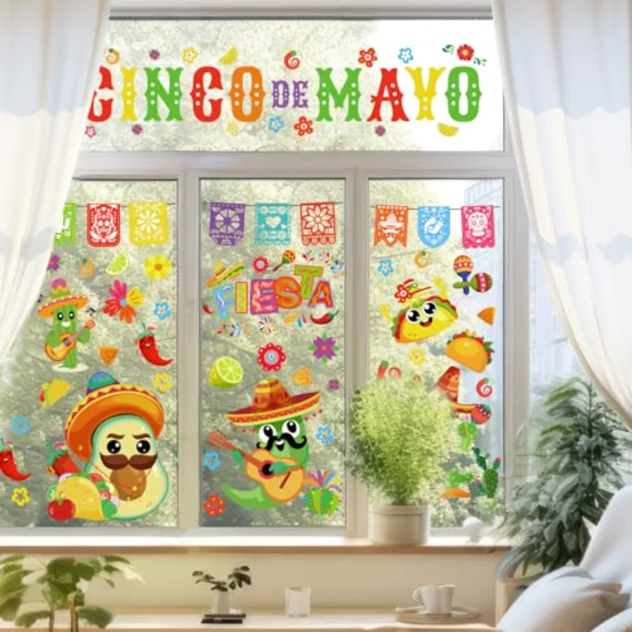 9 Sheet Mexican Fiesta Party Window Clings Cinco De Mayo Cactus Guitar, view 4