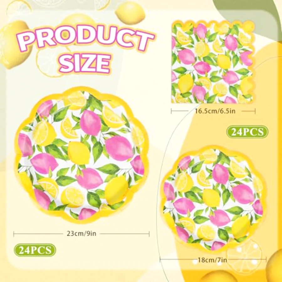 72 Pcs Summer Lemon Scalloped Tableware Set Pink Yellow Lemon Fruit, view 2