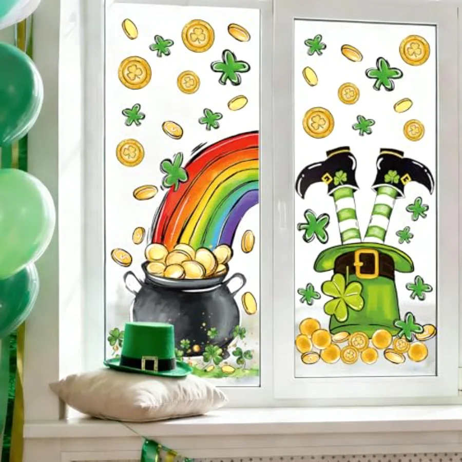 Large St. Patrick's Day Window Clings Green Shamrock Clover Gold Coin, view 4