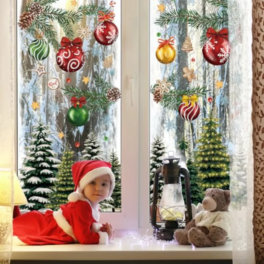 9 Sheets Vintage Christmas Window Cling Stickers Retro Forest Snow Tree, view 3
