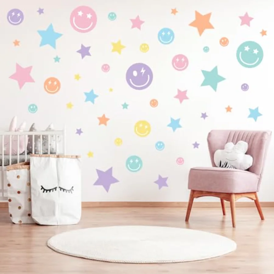 12 Sheets Preppy Wall Stickers Pastel Smile Face Star Wall Decals, view 4