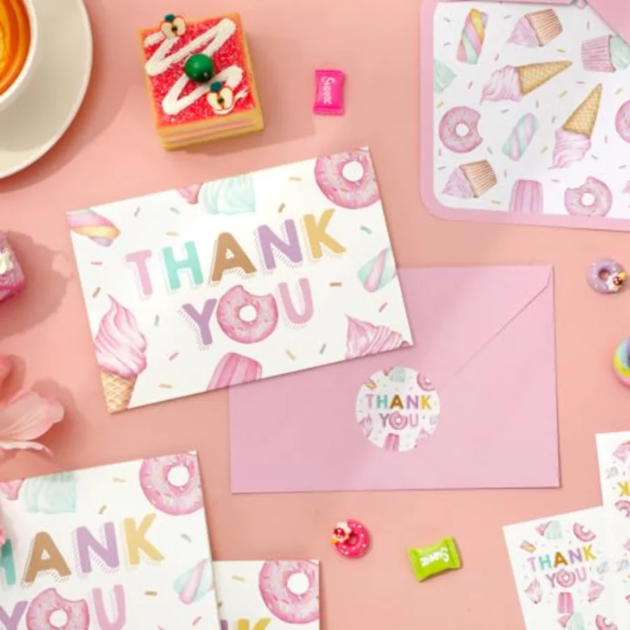 24 Pack Sweet Party Thank You Cards Bulk Ice Cream Donut Cupcake Note, view 3