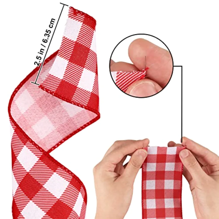 2 Rolls Plaid Wired Edge Ribbons Buffalo Check Plaids Ribbon Red White 2.5, view 2