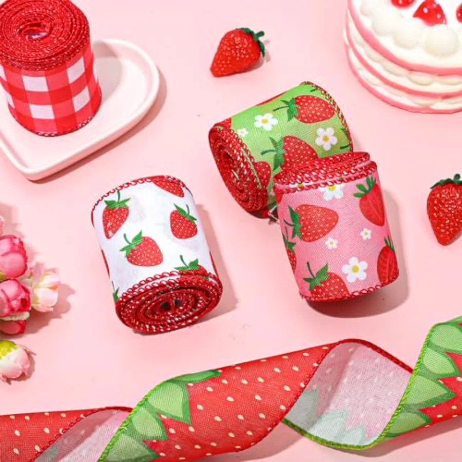 5 Roll Strawberry Wired Ribbon 2.5 Inch Red Pink Green Strawberry Plaid, view 4