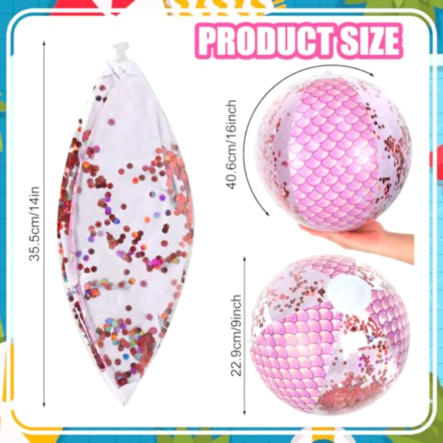 3Pcs 16'' Mermaid Inflatable Beach Ball Glitter Pool PVC Balls Game Play, view 2
