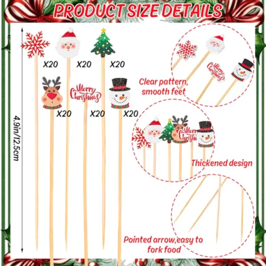 120Pcs Christmas Cocktail Picks 6 Styles Decorative Santa Elk Snowman, view 2