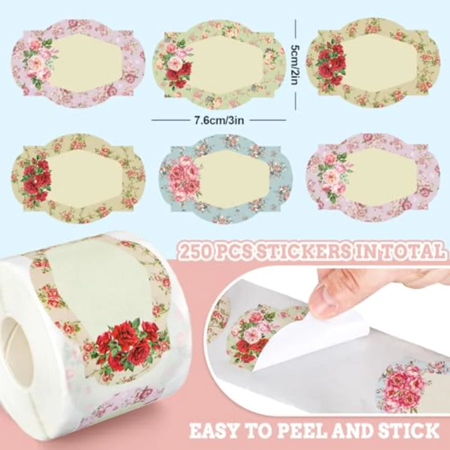 250Pcs Vintage Floral Jar Label Stickers Roll Retro Flower Canning Labels, view 2